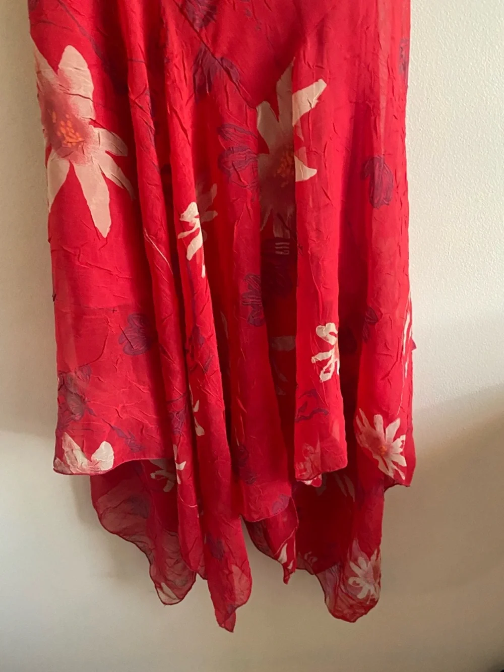 Y2K Oblique Red Floral Slip Dress Woman Small Asymmetrical Hem Spaghetti Strap - Picture 7 of 13